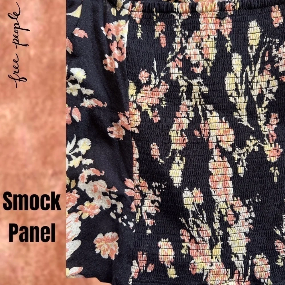 FREE PEOPLE Hilary Square-Keyhole-Neck Long Sleeve Ruch-Smock Details Top Lg